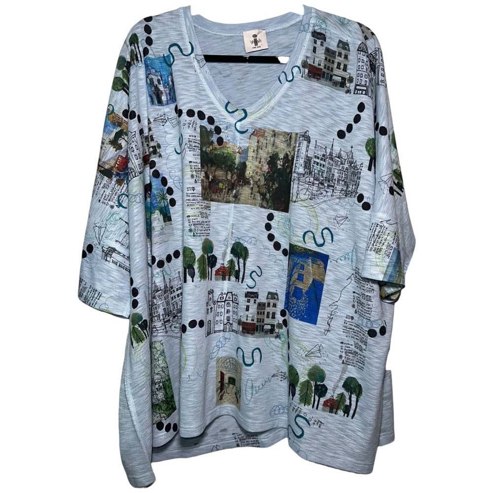 iNoah One Size Art Print Tunic Top Blue Dolman Sleeve Oversized Travel City